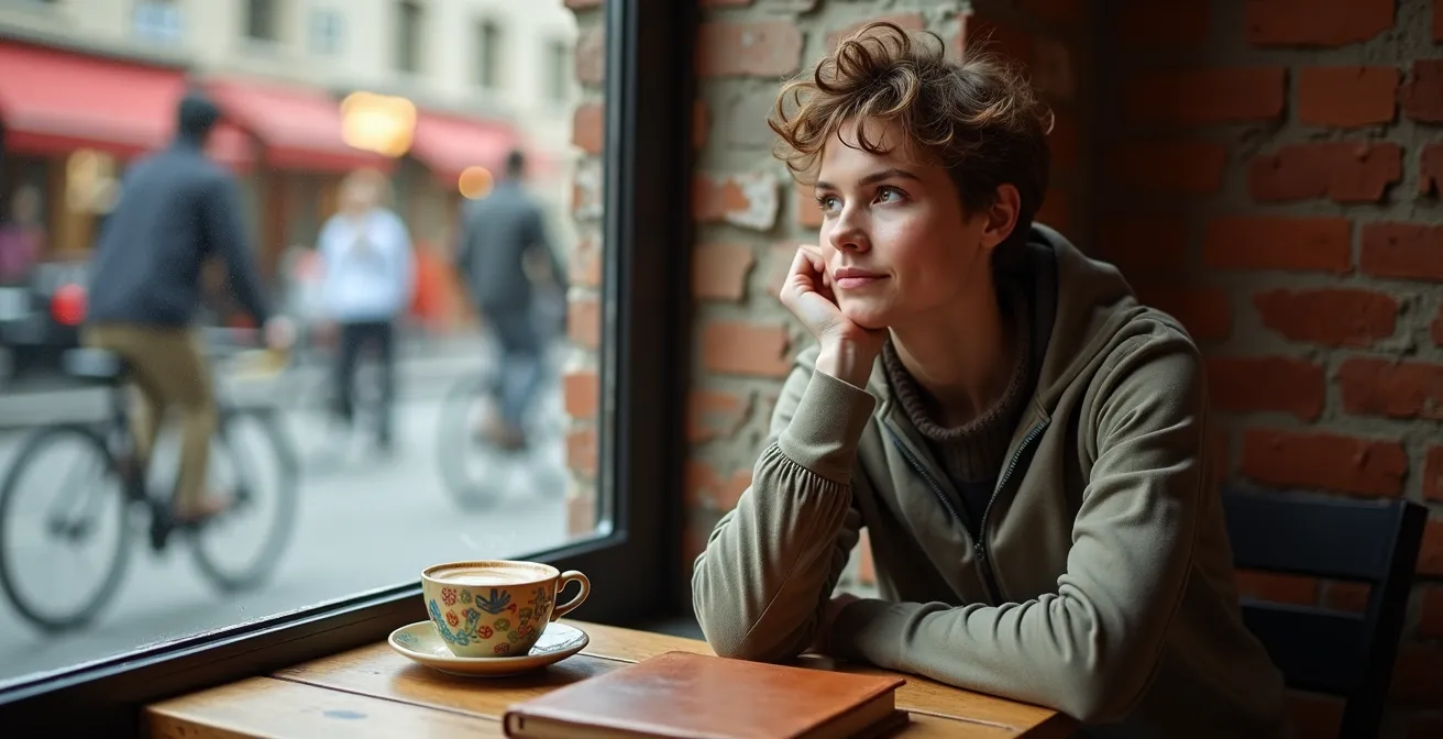 Einzelner Reisender beobachtet das lokale Leben von einem Straßencafé aus