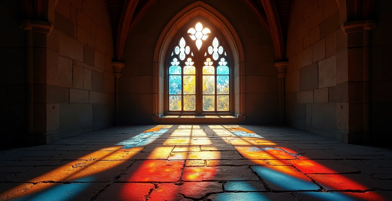 Gotisches Spitzbogenfenster mit farbigem Lichteinfall auf Steinboden