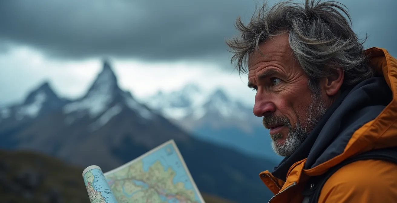 Bergsteiger an kritischem Entscheidungspunkt bei drohendem Wetterumschwung