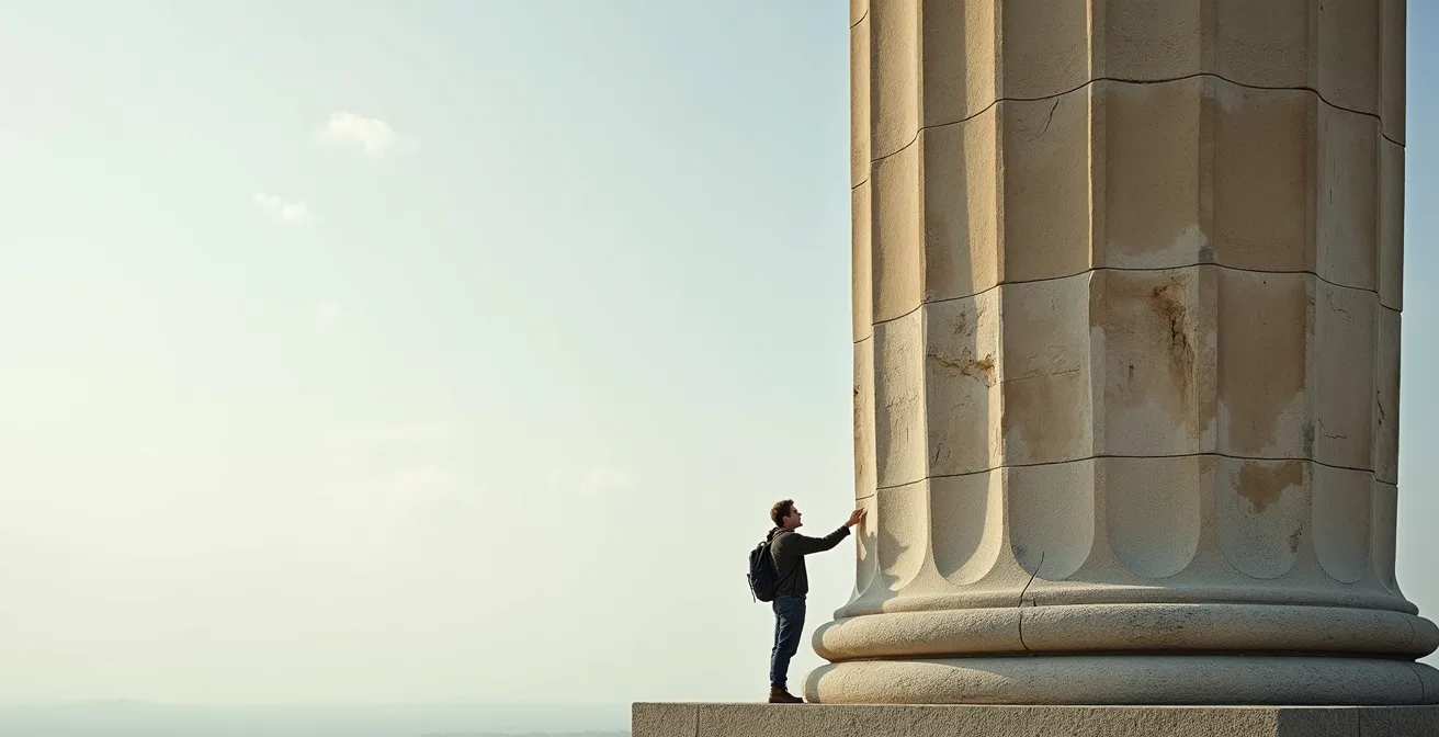 Person betrachtet Details einer historischen Steinsäule von unten, dramatische Perspektive