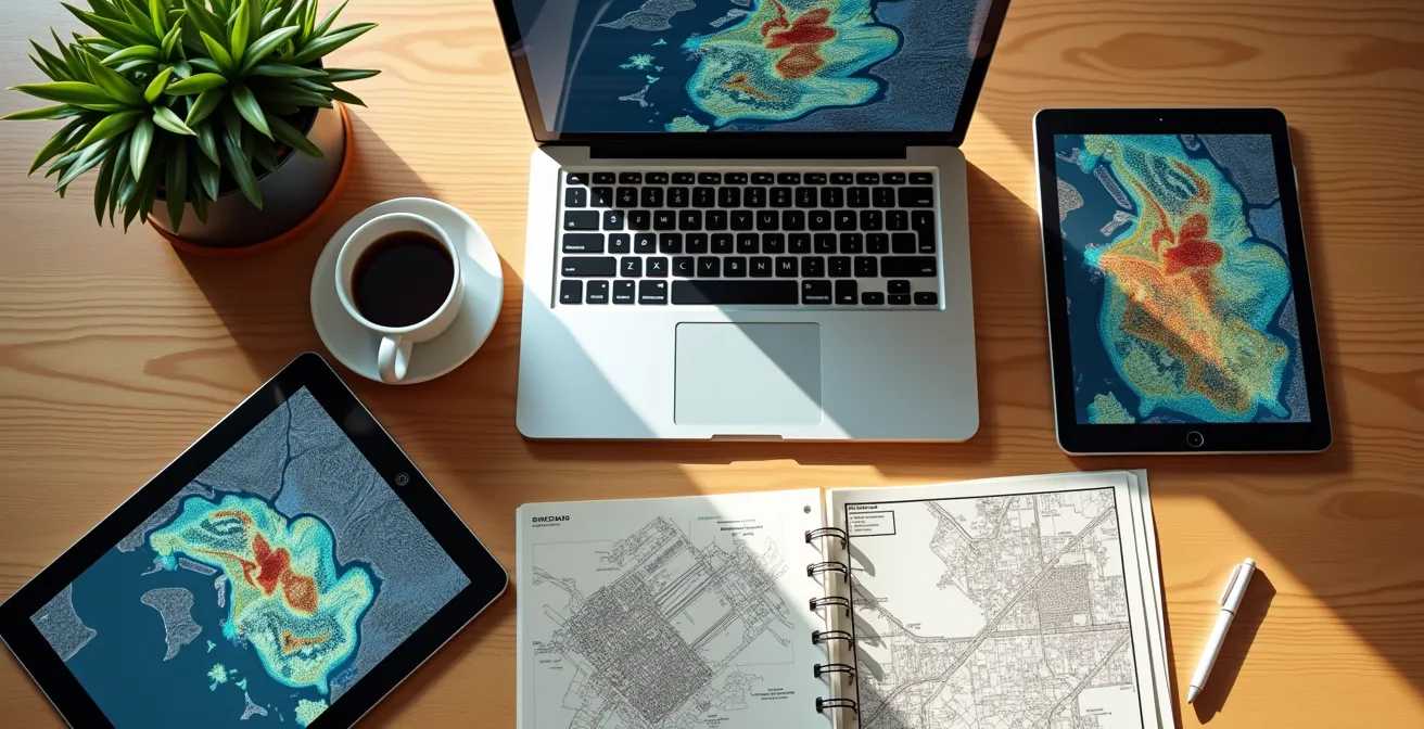 Laptop mit verschiedenen lokalen Social Media Feeds und Stadtkarten zur Viertelanalyse