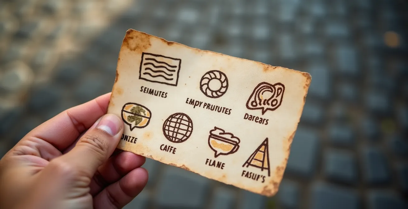 Hand hält Karte mit illustrierten Symbolen für lokale Entdeckungen wie Bäcker, versteckte Statue und Café