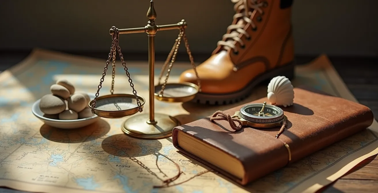 Waage mit Symbolen für Erholung auf einer Seite und Abenteuer auf der anderen