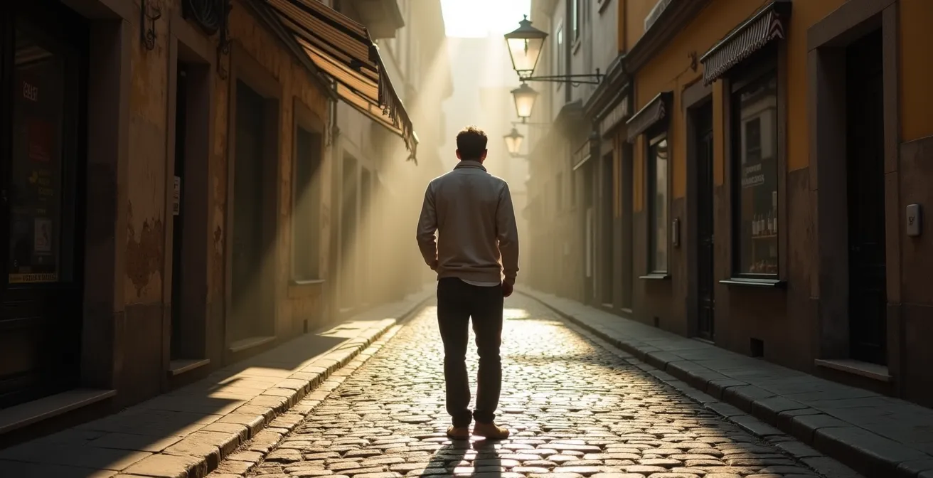 Eine Person, die in den verwinkelten Gassen einer historischen Altstadt verloren scheint und eine neue Entdeckung macht.