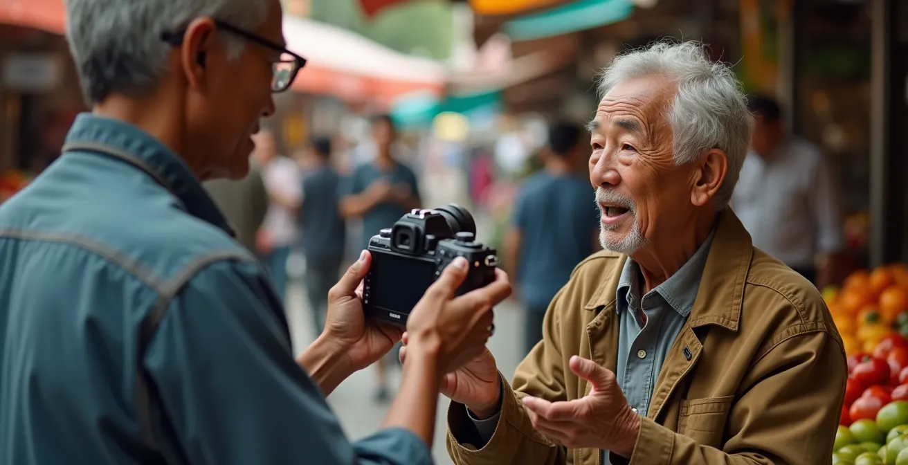 Ein Fotograf zeigt einem lächelnden Marktverkäufer das soeben aufgenommene Porträt auf dem Display seiner Kamera.