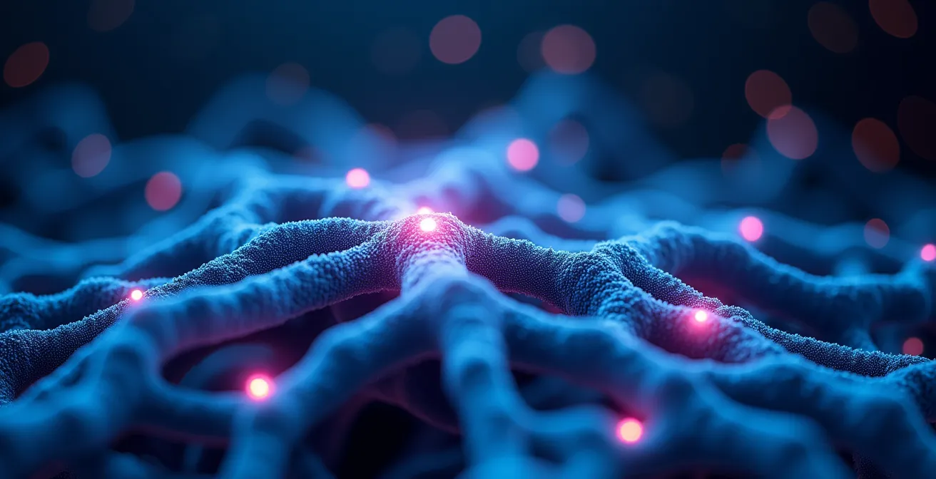 Makroaufnahme von miteinander verbundenen Nervenzellen in leuchtenden Farben