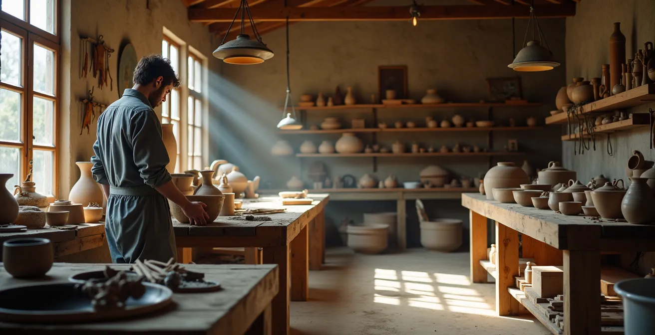 Ein Kunsthandwerker in seiner Werkstatt prüft sorgfältig die Qualität traditioneller Materialien und Werkzeuge.