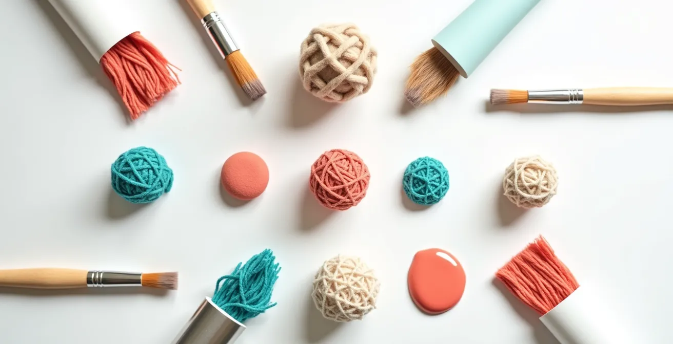 Verschiedene Kunstmaterialien arrangiert in harmonischer Komposition