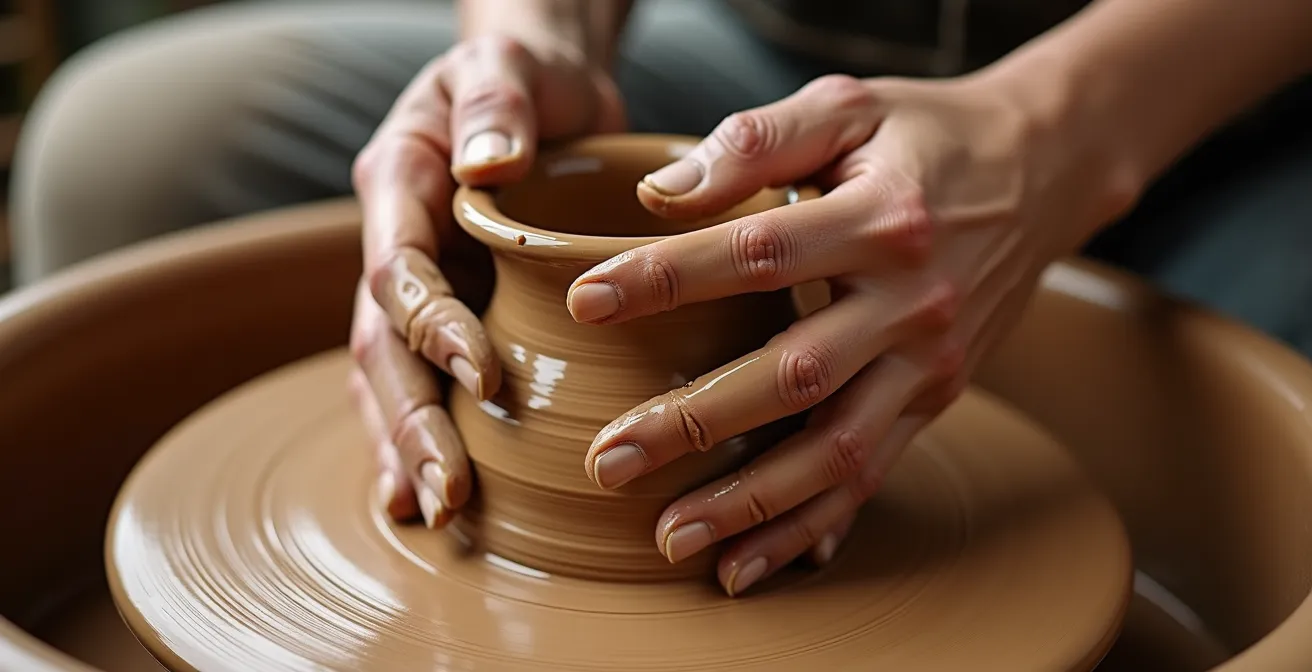 Hände formen Ton auf einer Töpferscheibe in meditativer Bewegung