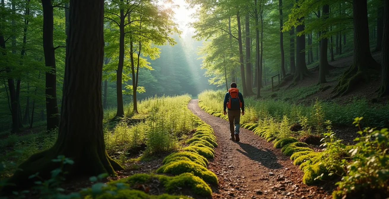 Wanderer auf naturbelassenem Waldpfad mit minimalem ökologischen Fußabdruck