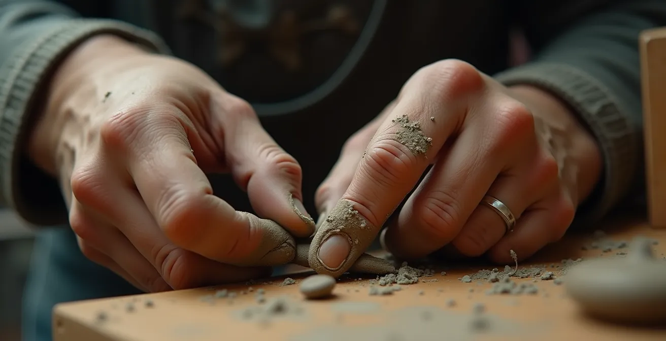 Extreme Nahaufnahme von Handwerkerhänden bei filigraner Detailarbeit an einem Tongefäß.