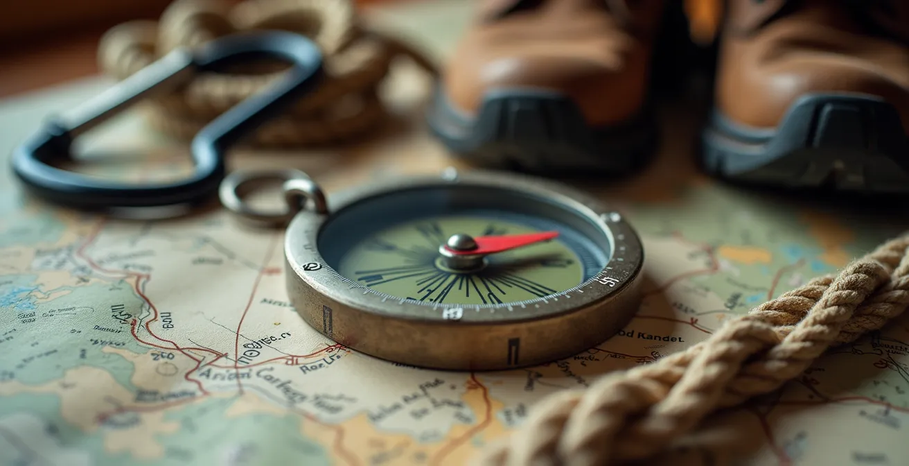 Detailaufnahme von Wanderausrüstung auf topografischer Karte mit Kompass