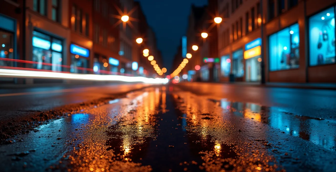 Nächtliche Stadtszene mit verschiedenen künstlichen Lichtquellen und deren Reflexionen auf nassem Asphalt.