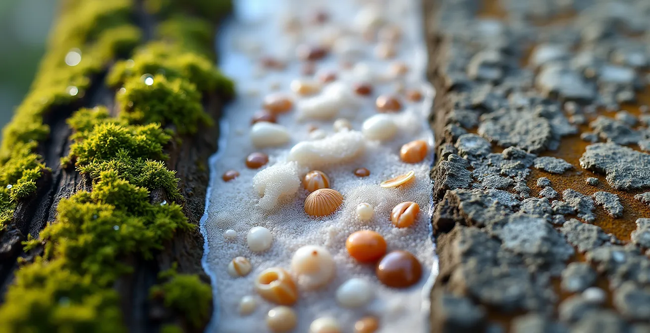 Dreiteiliges Panorama zeigt Waldweg, Meereshorizont und Bergsilhouette
