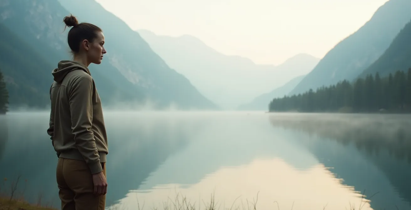 Eine einzelne Person steht am Ufer eines stillen Bergsees im Morgennebel und blickt nachdenklich in die Ferne.