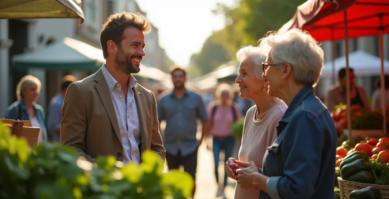 Investor im Gespräch mit Anwohnern an einem lokalen Wochenmarkt