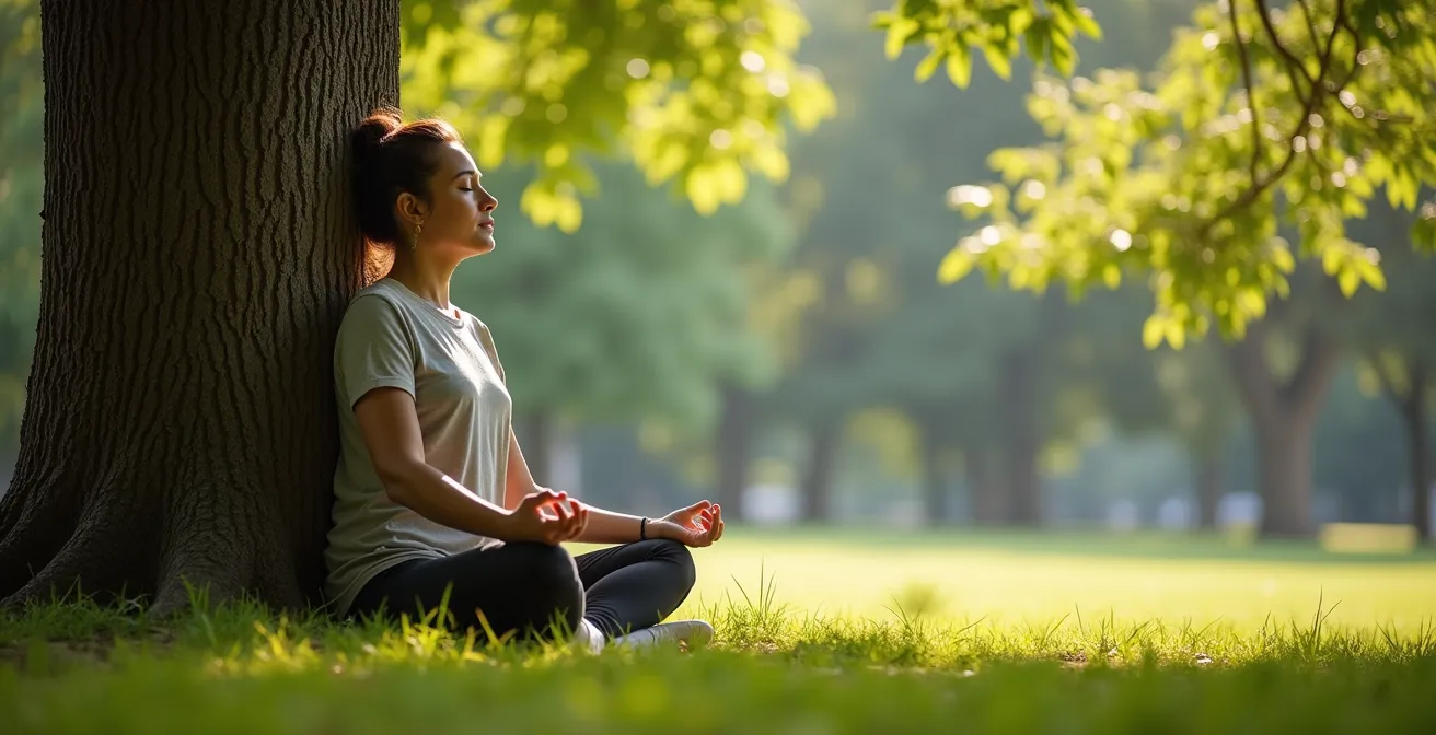 Person meditiert unter altem Baum im städtischen Park