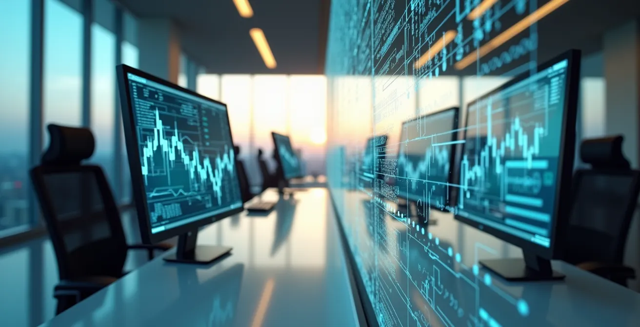 Abstrakte Darstellung von Marktcharts in verschiedenen Zeitebenen ohne lesbare Zahlen oder Text