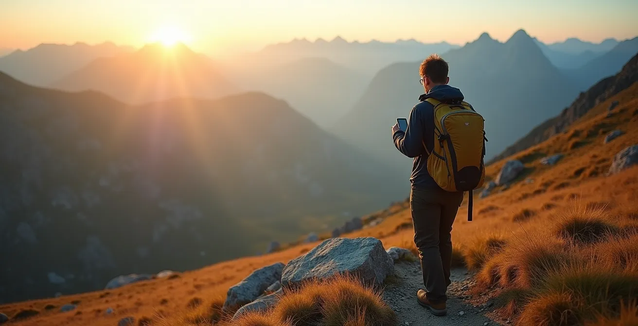 Wanderer mit GPS-Gerät in alpiner Landschaft bei Sonnenaufgang