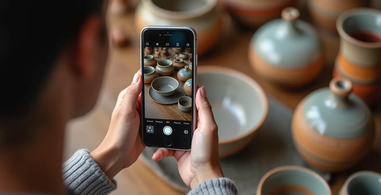 Reisender dokumentiert den Kauf eines handgefertigten Keramikobjekts mit dem Smartphone für eine reibungslose Zollabwicklung.