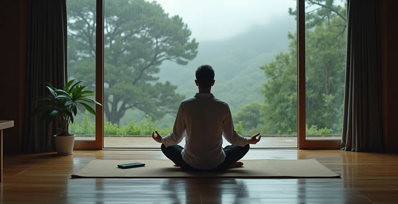 Ruhiger Anleger meditiert während Börsensturm ohne Panik