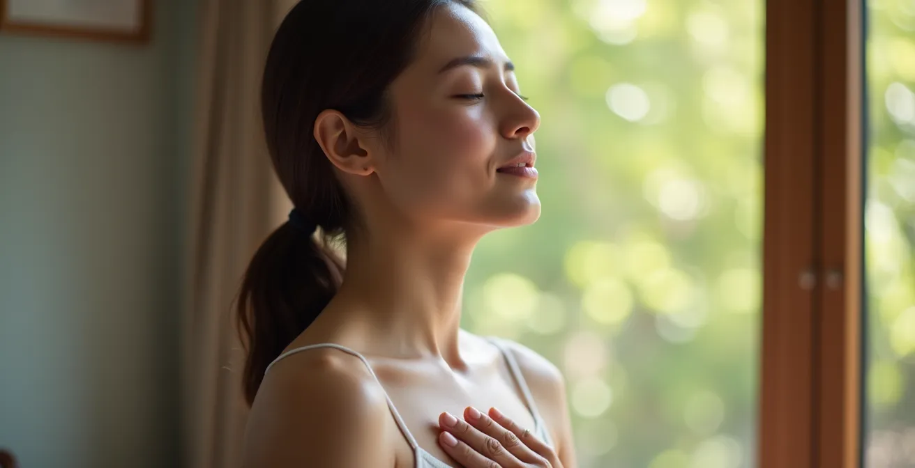 Person in meditativer Haltung beim bewussten Atmen in ruhiger Umgebung