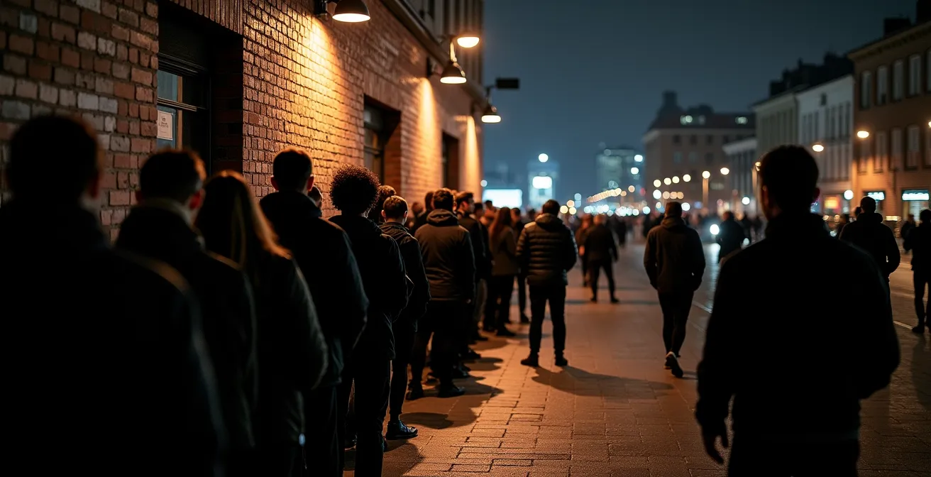 Nächtliche Clubschlange vor Industrial-Gebäude mit subtiler Beleuchtung