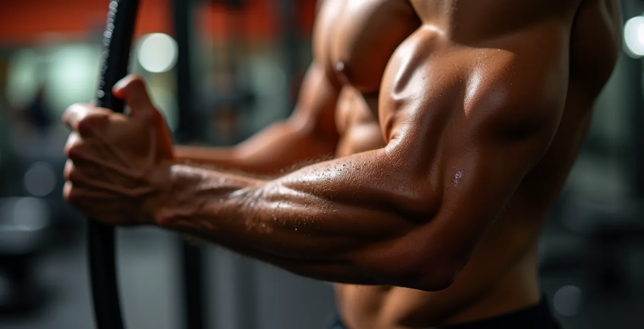 Nahaufnahme eines Arms beim Training mit verschiedenen Geräten, die Muskelstimulation an Bizeps-Maschinen und mit Freihanteln vergleicht.