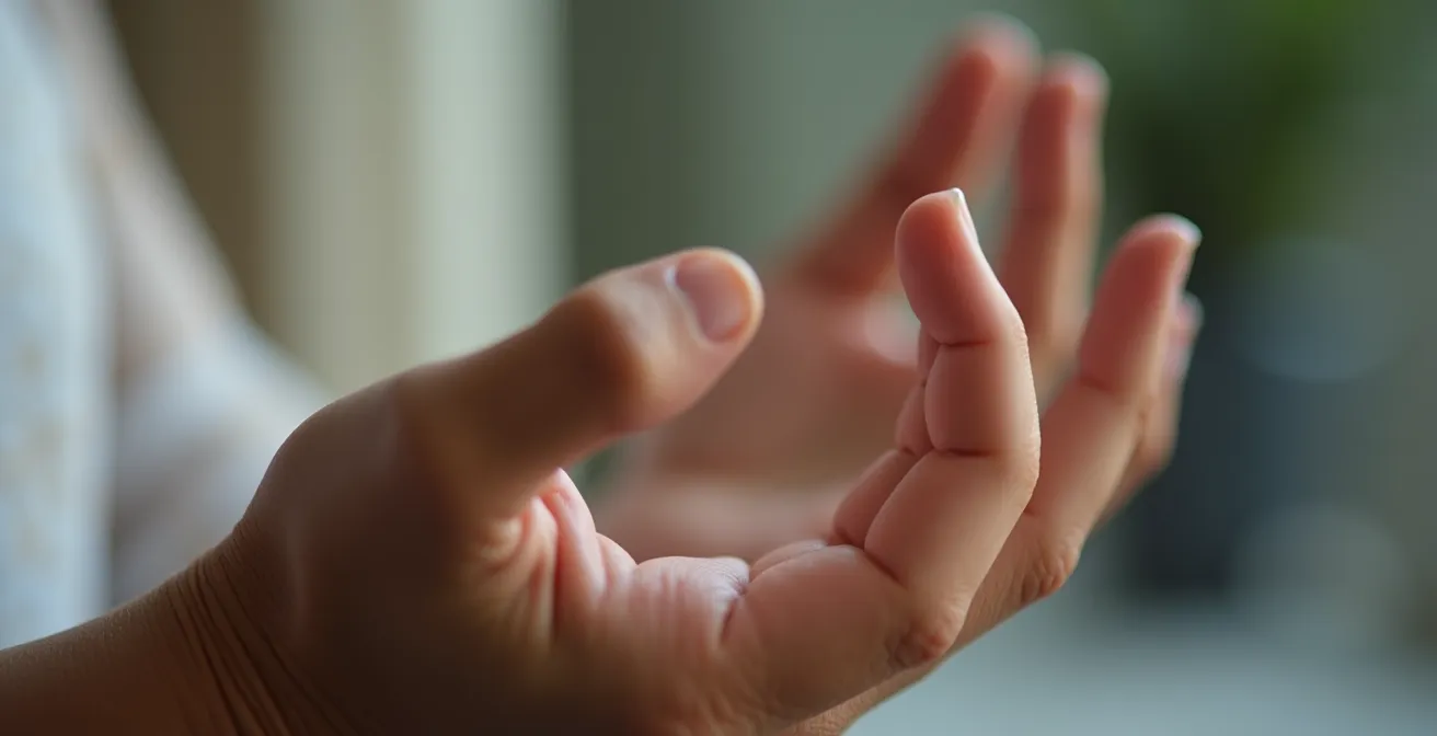 Nahaufnahme einer ruhigen Hand in meditativer Position mit verschwommenem Smartphone im Hintergrund