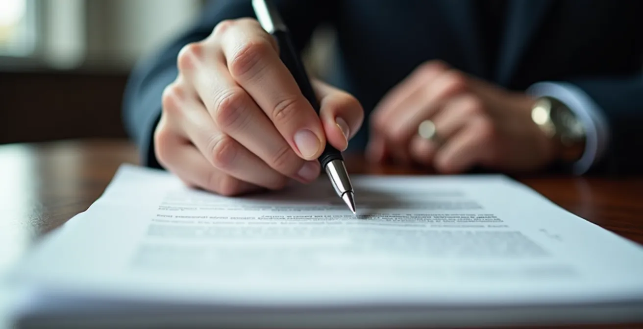 Nahaufnahme einer Hand, die einen Stift über Dokumenten hält, ohne sichtbaren Text