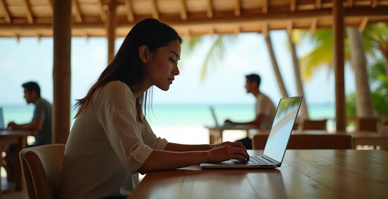 Moderner Co-Working-Bereich mit Meerblick und professioneller Arbeitsatmosphäre