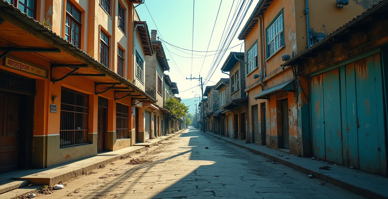 Verlassene Gebäude in einer schrumpfenden Stadt, die den Kontrast zwischen bewohnt und unbewohnt darstellen.