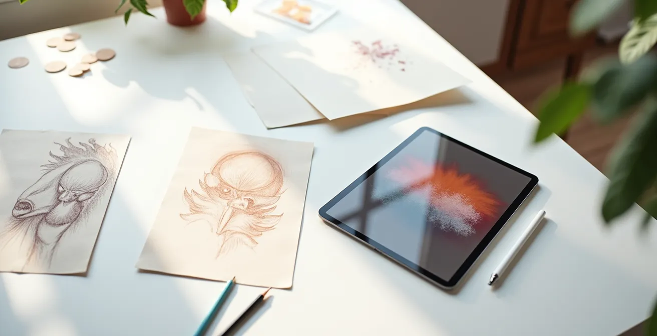 Arbeitsplatz zeigt den Übergang von traditioneller Papierzeichnung zu digitaler Illustration auf dem iPad