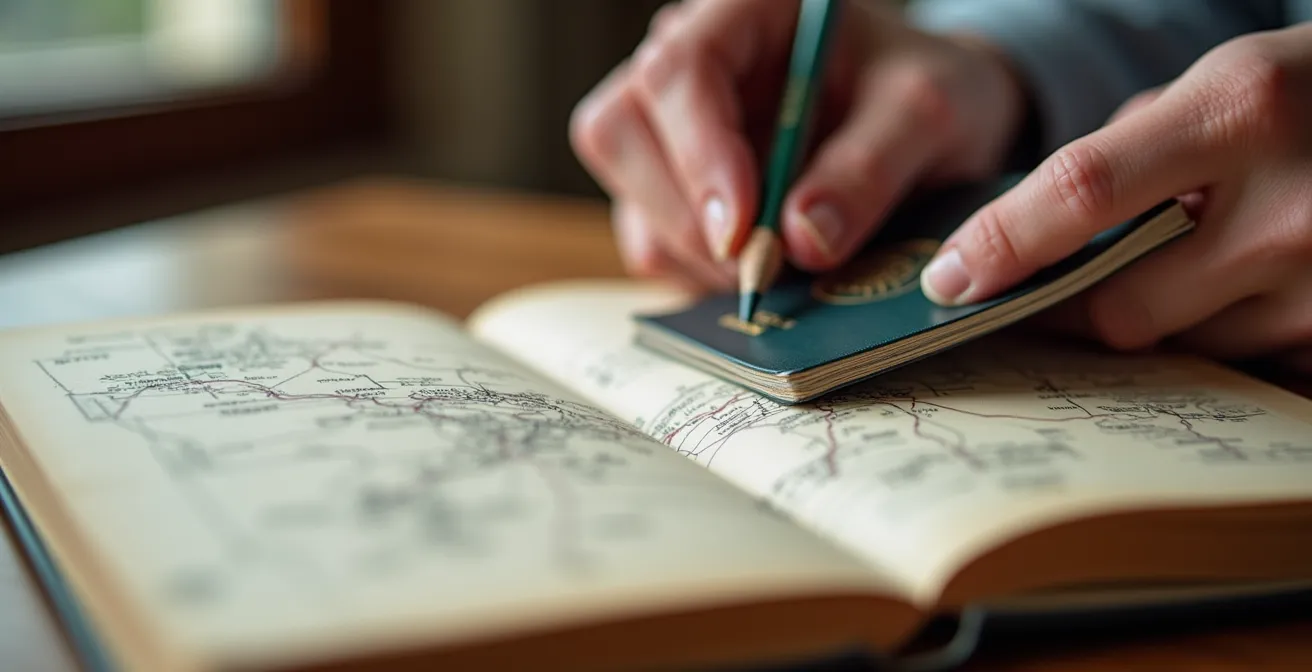 Person sitzt nachdenklich mit Weltkarte und Notizbuch