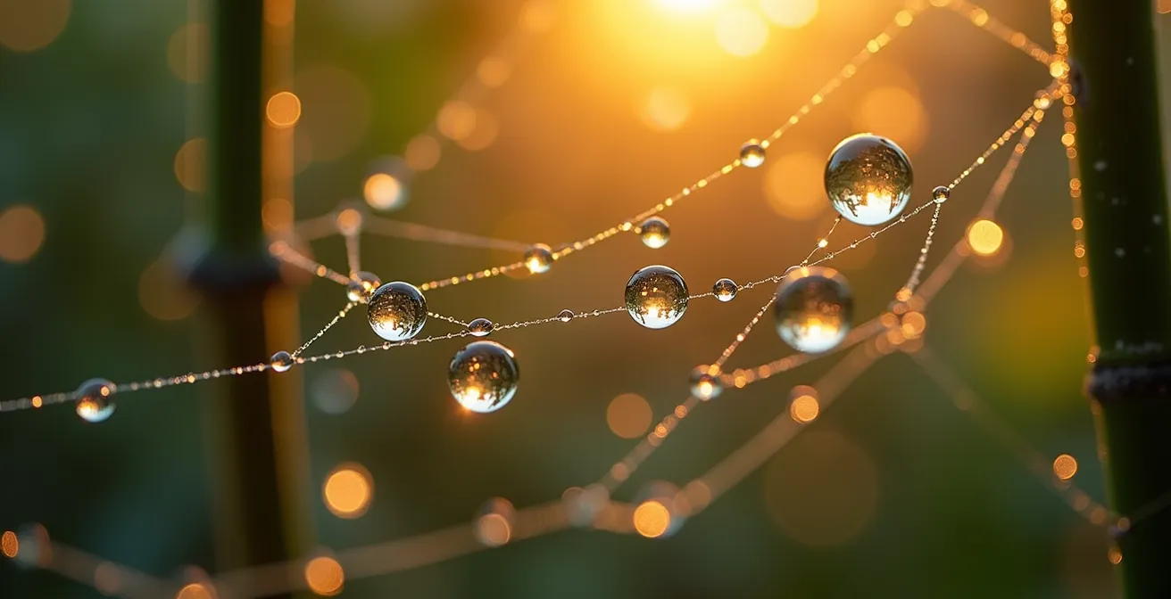 Visualisierung des langfristigen Vermögenswachstums durch ethische Investments in Form eines Spinnennetzes mit Tautropfen im Sonnenaufgang