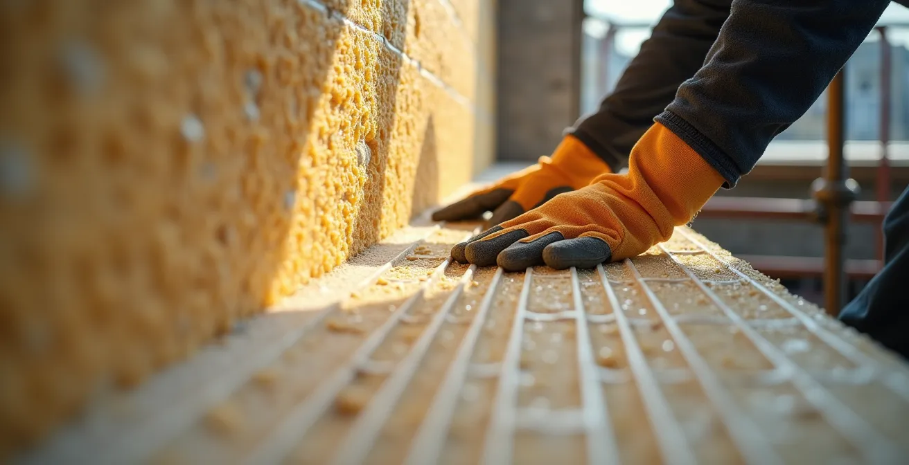 Detailaufnahme von Dämmstoffplatten an einer Hausfassade während der Installation