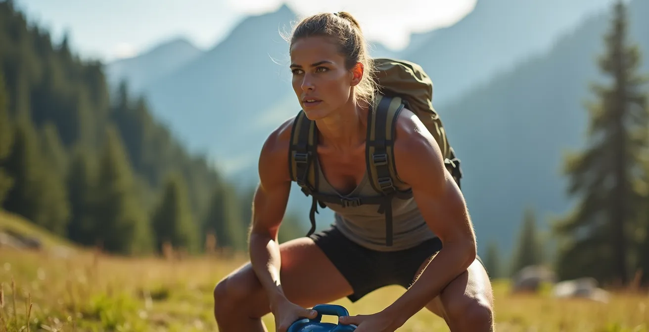 Bergsteiger führt Goblet Squat mit Kettlebell in alpiner Umgebung aus