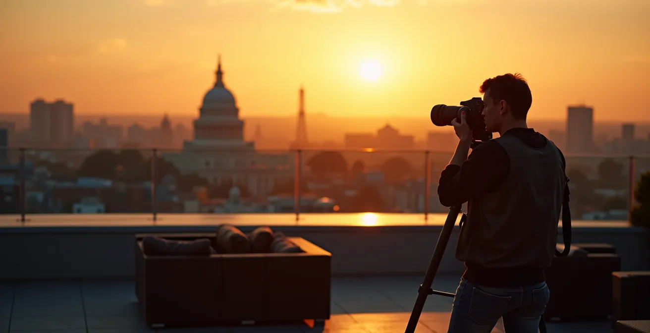 Fotograf auf ruhiger Dachterrasse während der goldenen Stunde mit Stadtsilhouette