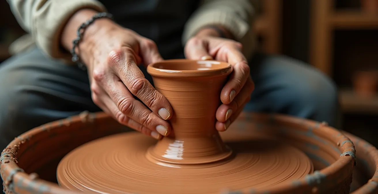 Nahaufnahme von Händen die Ton auf einer Töpferscheibe formen mit traditionellen Werkzeugen