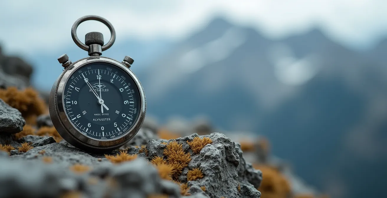 Höhenmesser zeigt 2500 Meter in alpiner Gipfellandschaft