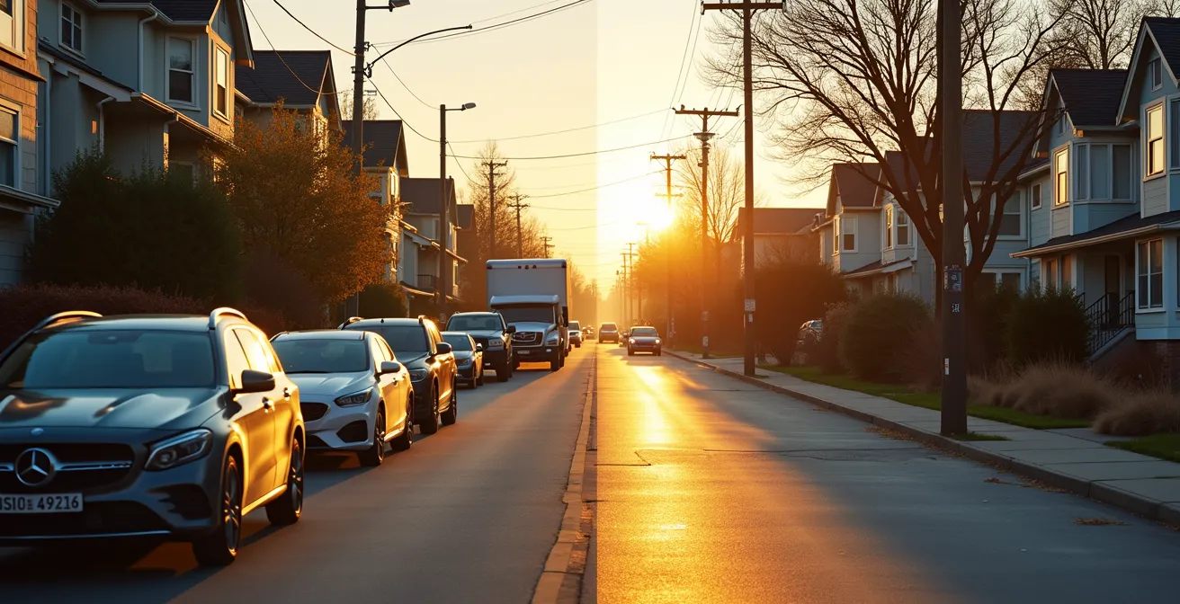 Geteilte Straßenansicht zeigt links abendlichen Berufsverkehr mit parkenden Autos und rechts sonntagmittags mit spielenden Kindern und Grillrauch