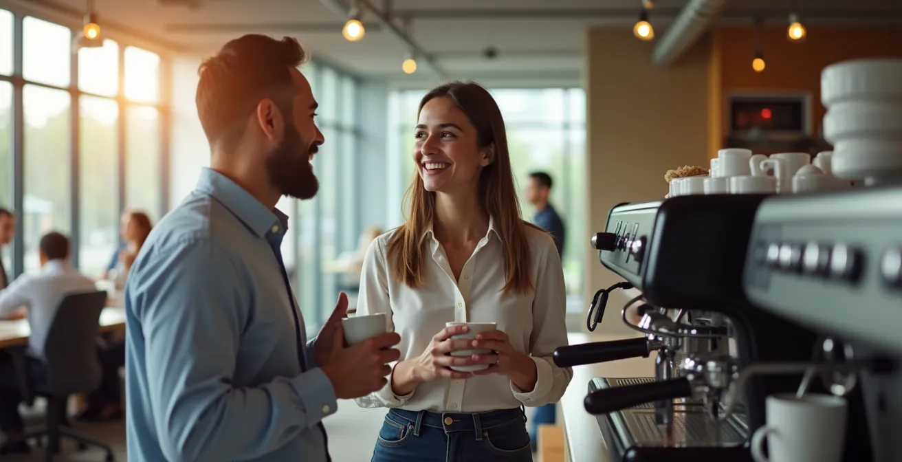 Kollegen im informellen Austausch an der Kaffeemaschine während einer Seminarpause