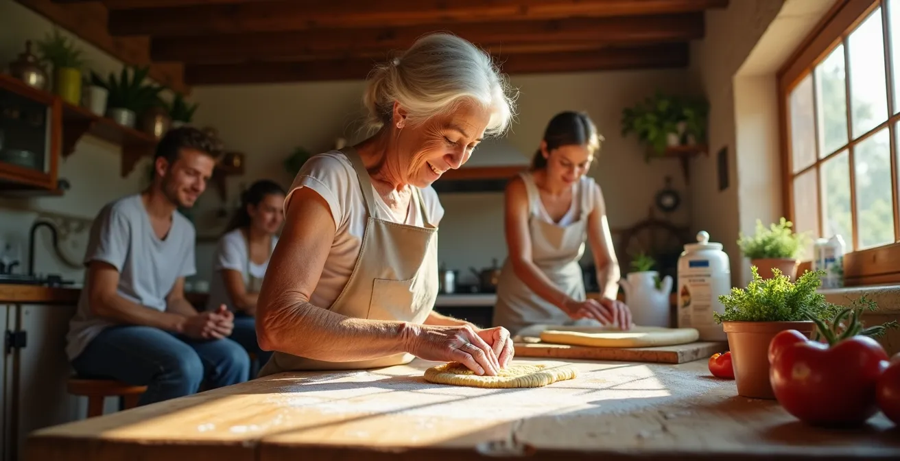 Italienische Großmutter zeigt Gästen traditionelle Pasta-Herstellung in rustikaler Küche