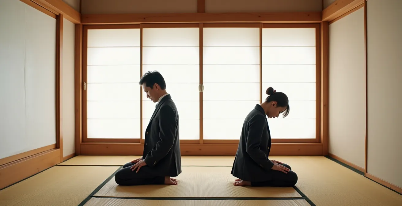 Geschäftsleute demonstrieren korrekte japanische Verbeugung in traditionellem Ambiente