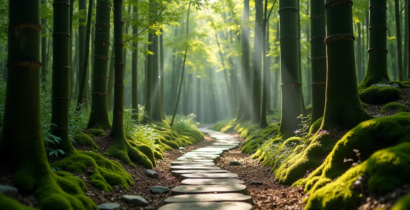 Zertifizierter japanischer Waldtherapieweg mit sanfter Steigung und hoher Biodiversität