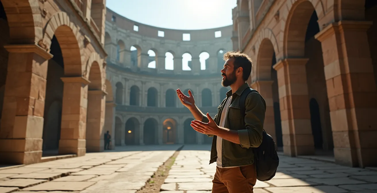 Blick aus der Arena des Kolosseums auf die antiken Ränge