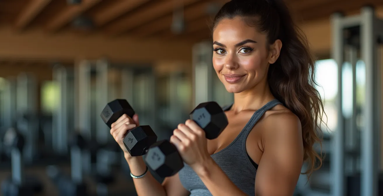 Athletische Frau beim Hanteltraining mit definierter Muskulatur, die zeigt, dass Krafttraining zu einem straffen und nicht zu einem massigen Körper führt.