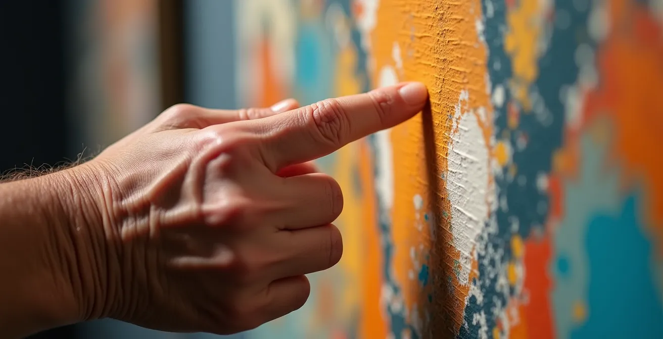 Nahaufnahme von Händen verschiedener Generationen, die auf die Textur eines abstrakten Gemäldes in einer Galerie zeigen.
