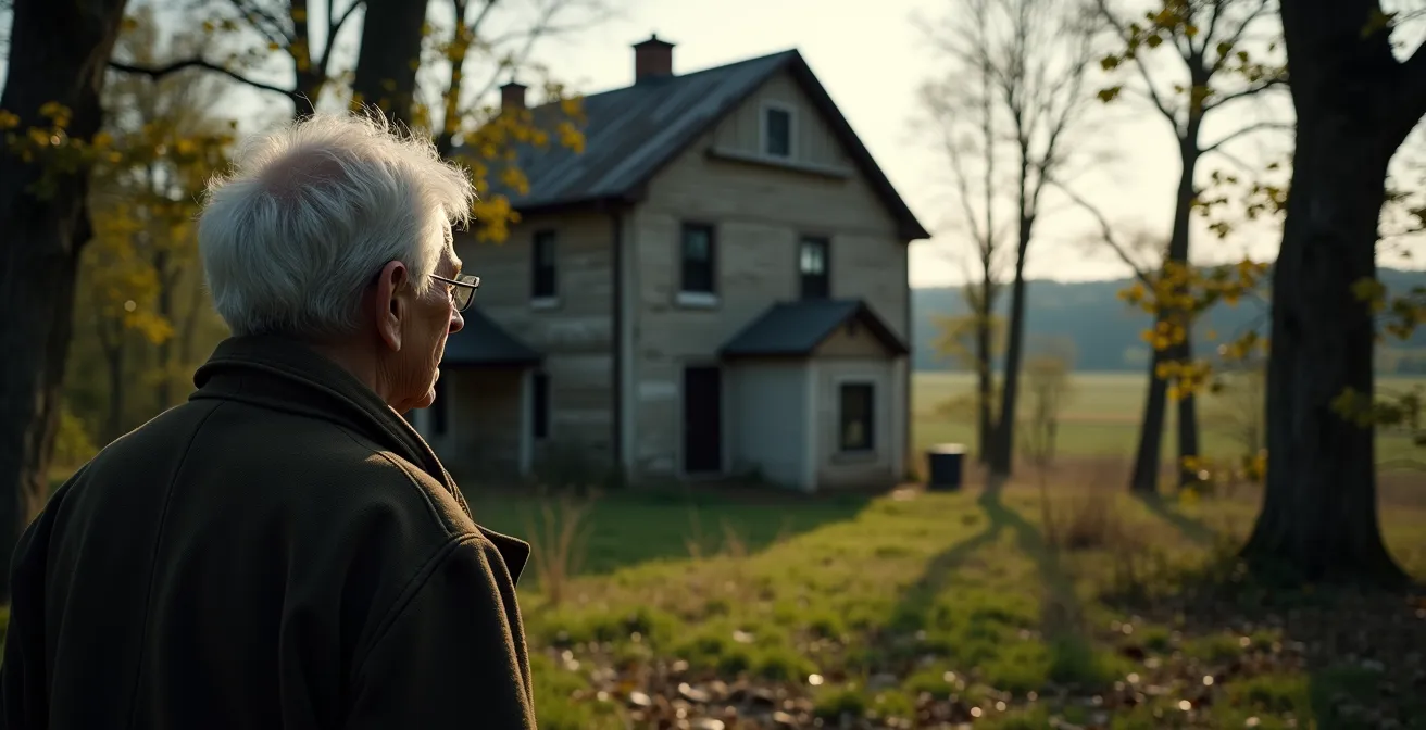 Ein alterndes Einfamilienhaus auf dem Land mit sichtbaren Alterserscheinungen, das den zukünftigen Wertverlust symbolisiert.