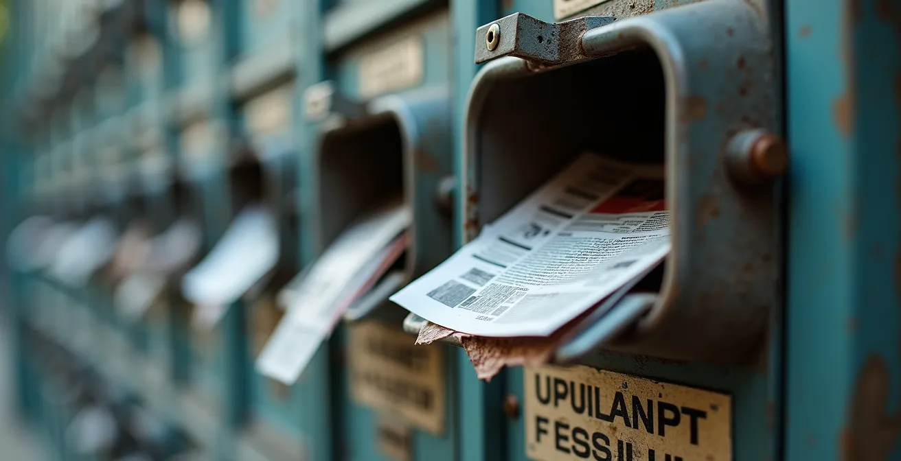 Makroaufnahme von Briefkästen mit überquellenden Werbezetteln neben leeren Namensschildern